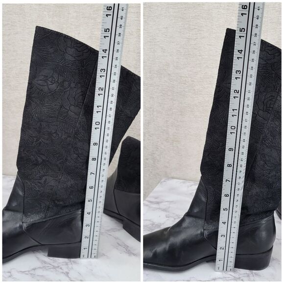 Makron Suela Black Leather and Floral Suede Semi Slochy Women's Boots - Picture 13 of 15